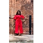 Women's Linen Cotton Shirt Maxi Dress Red Casual Collared Button-Down Loose Fit Puff Sleeve Belted