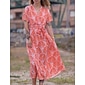 Damen Midi-Kleid Maxikleid Orange Kurzarm Geometrisch Mit Gürtel Frühling & Sommer V Ausschnitt Musterkleid S M L