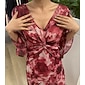 vestido longo feminino com decote em V floral abstrato e manga flare